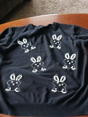 Black Sweater with Beaded Bunny Motif